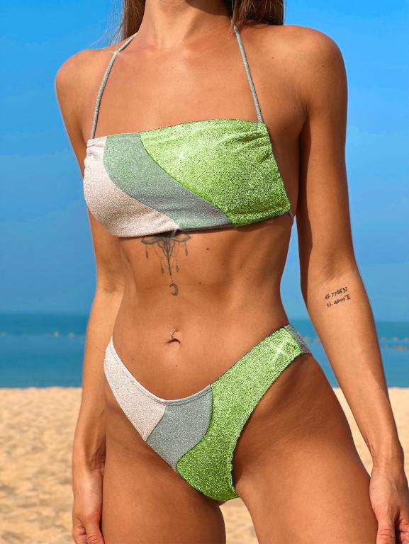 Glitter Bandeau Bikini Set with Wavy Panels