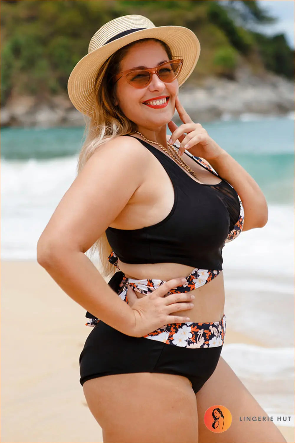 Plus Size Floral Bikini Set with Mesh Panel