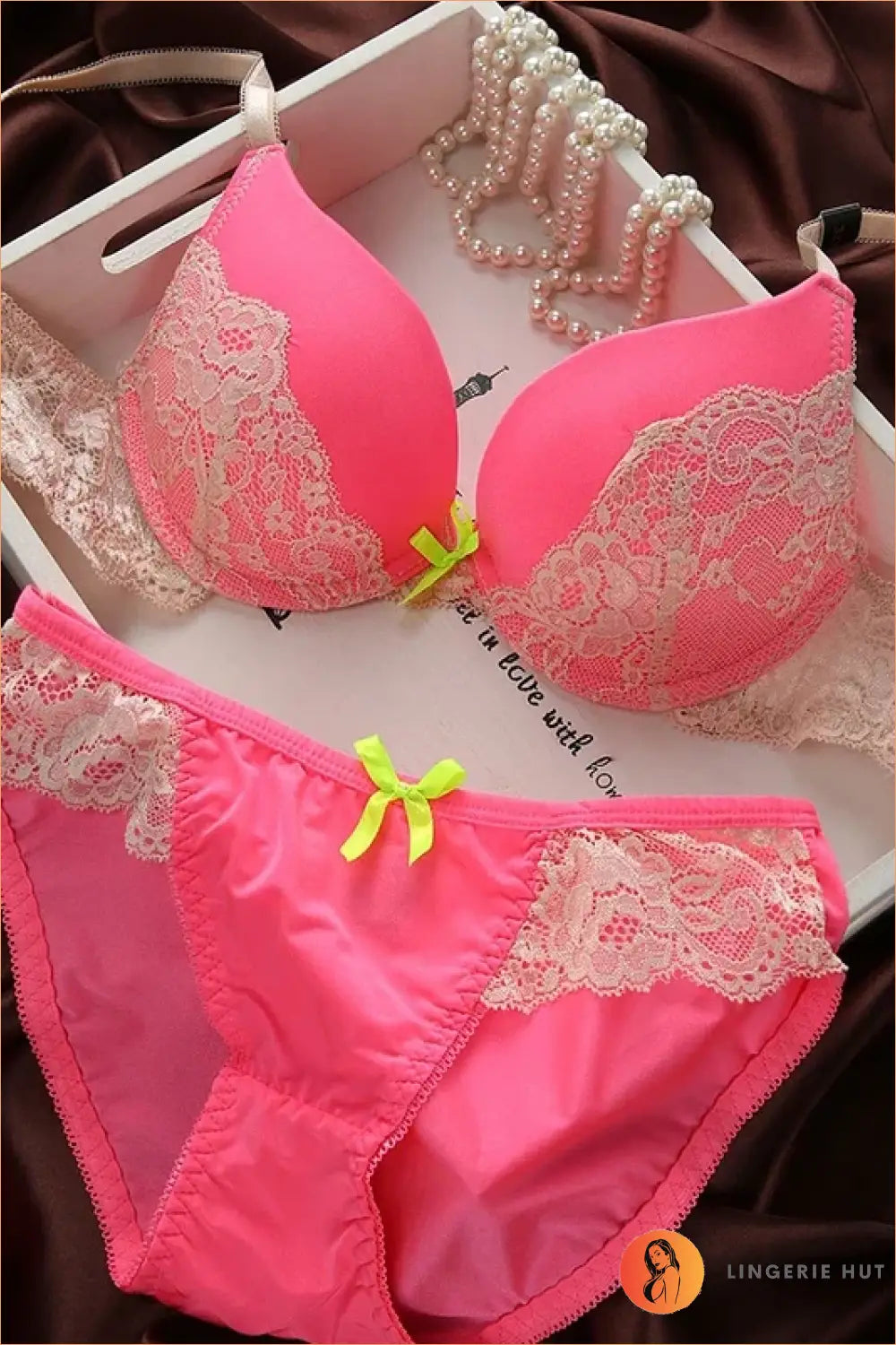 Lace Overlay Bra and Brief Set with Centre Bow