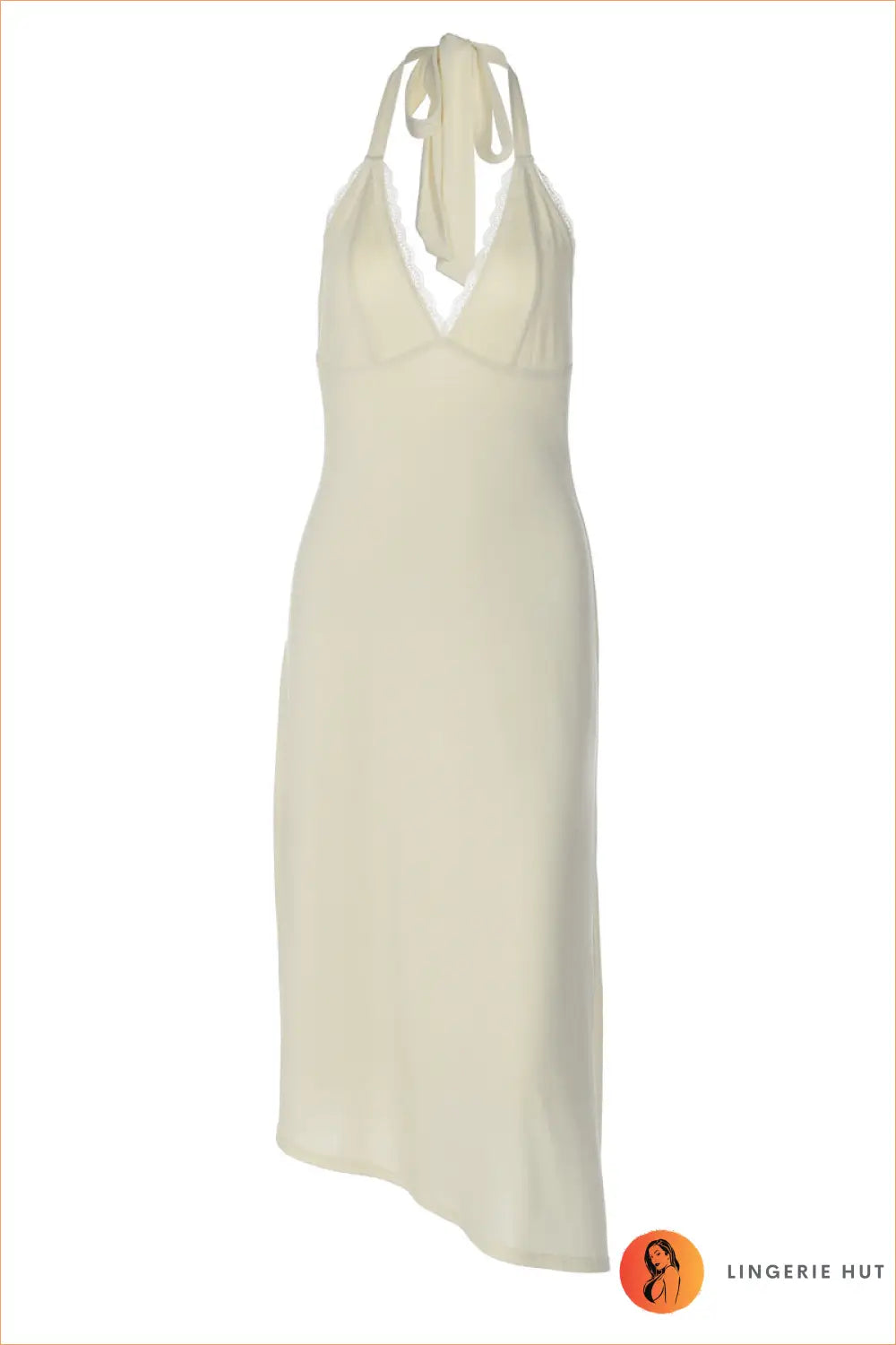 Ivory Lace-Trim Plunge Midi Dress with Side Split