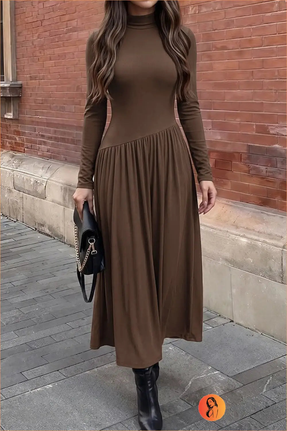 Coffee Brown Long Sleeve Maxi Dress with High Neck - Quiet Evenings