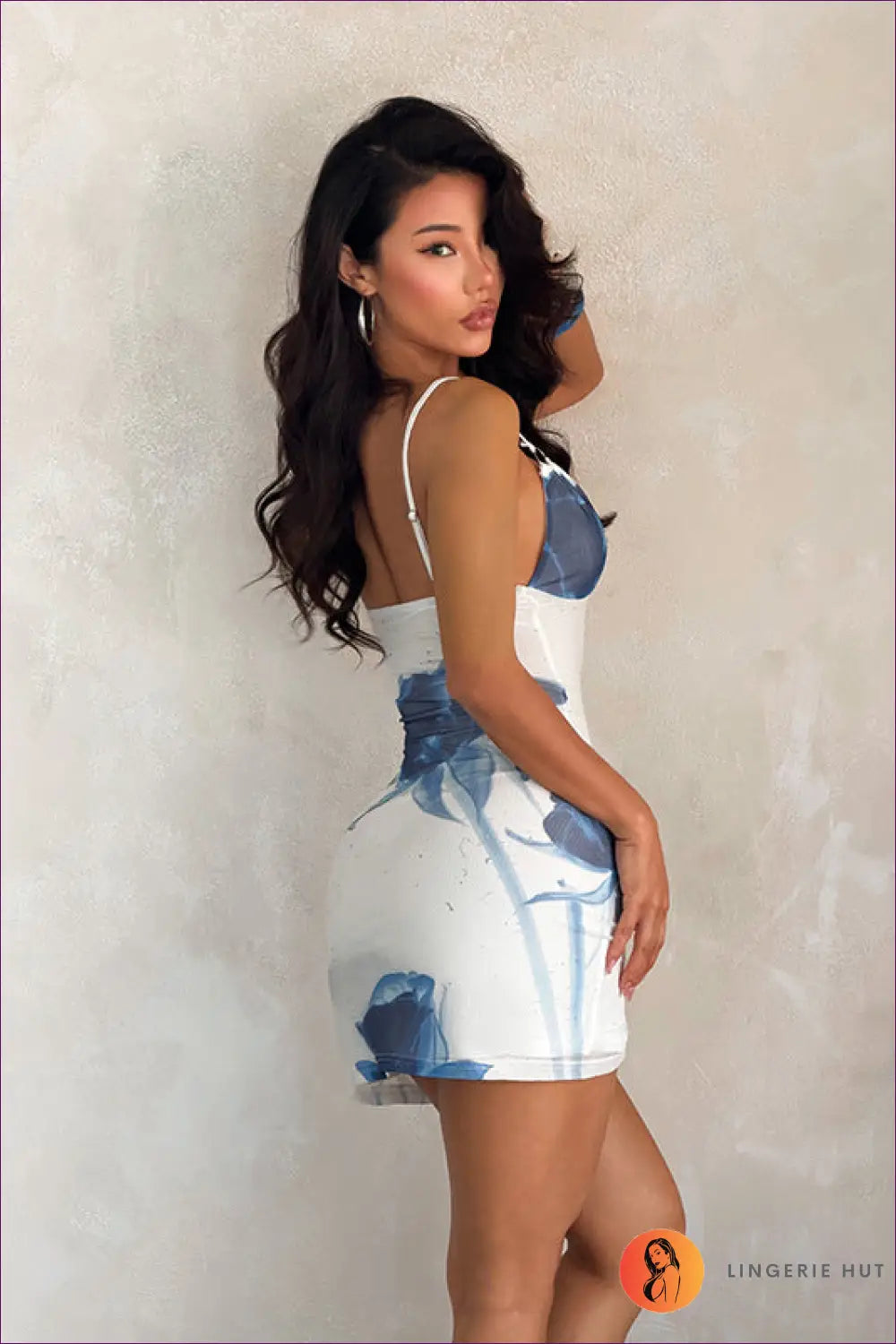 Blue Floral Mini Dress with Plunge Neck - Night Out Ease