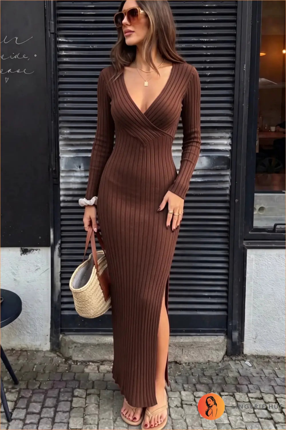 Knit Maxi Dress with Wrap Neckline and Side Split