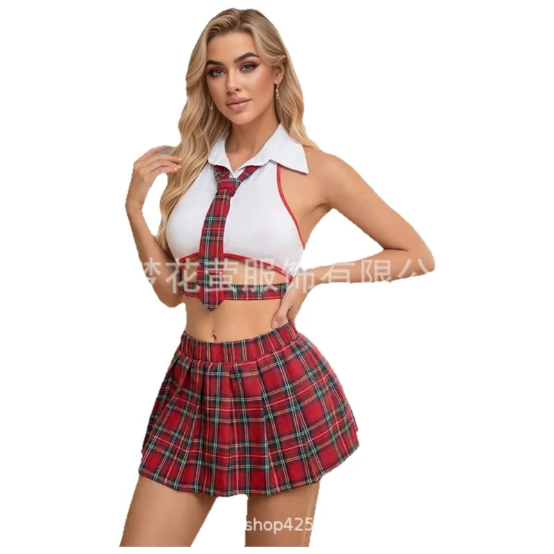 Schoolgirl Costume with Collared Halter and Pleated Skirt