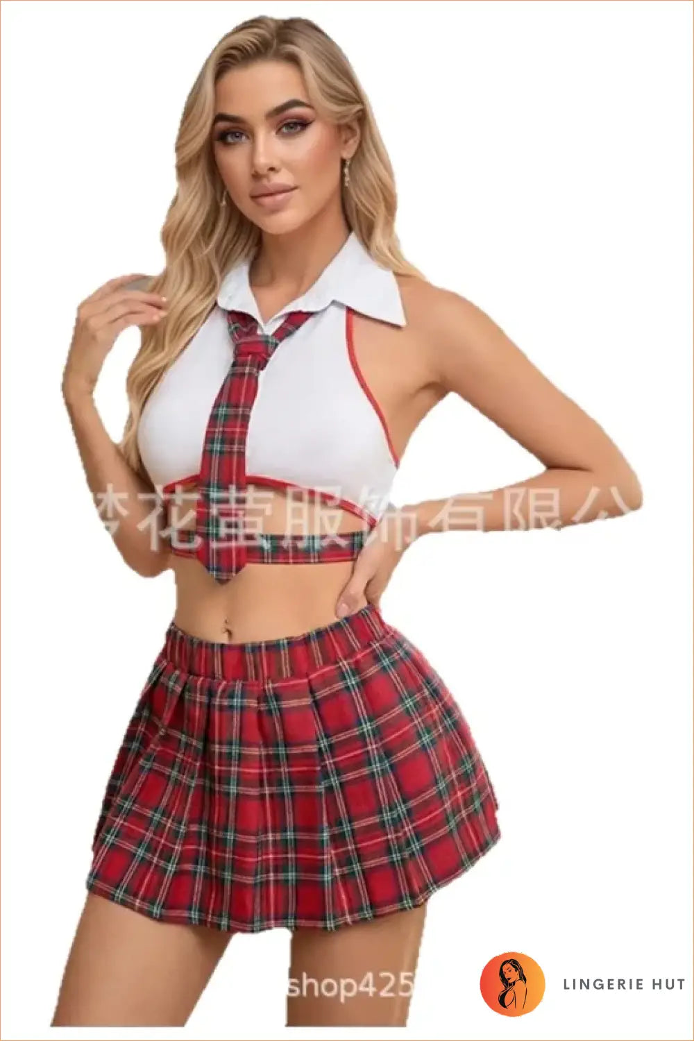 Schoolgirl Costume with Collared Halter and Pleated Skirt