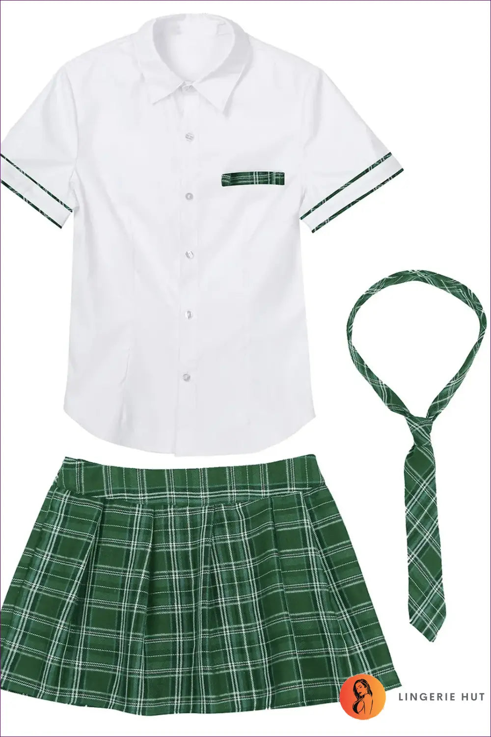 Schoolgirl Uniform Set with Plaid Pocket Trim - Playful Charm