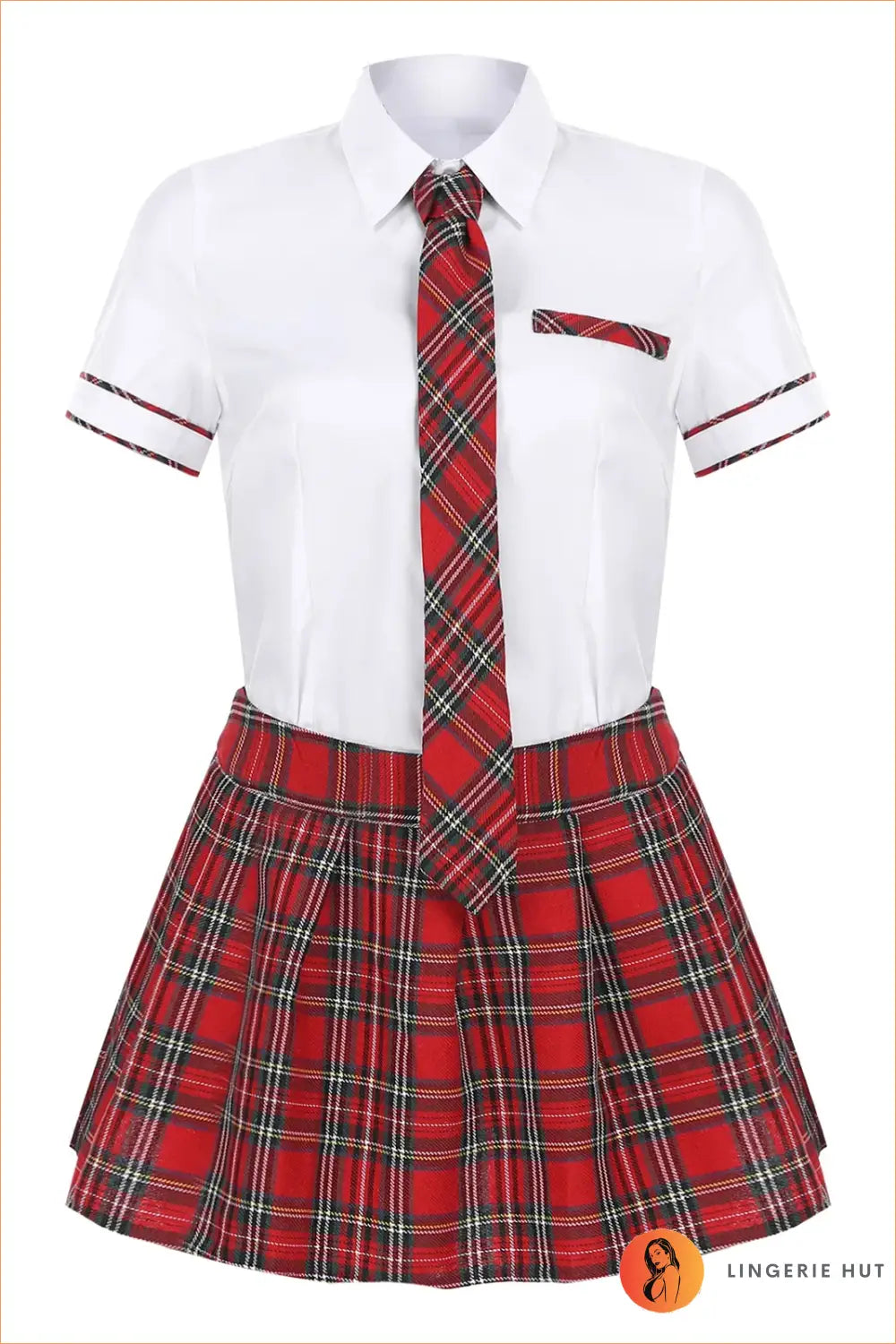 Schoolgirl Uniform Set with Plaid Pocket Trim - Playful Charm