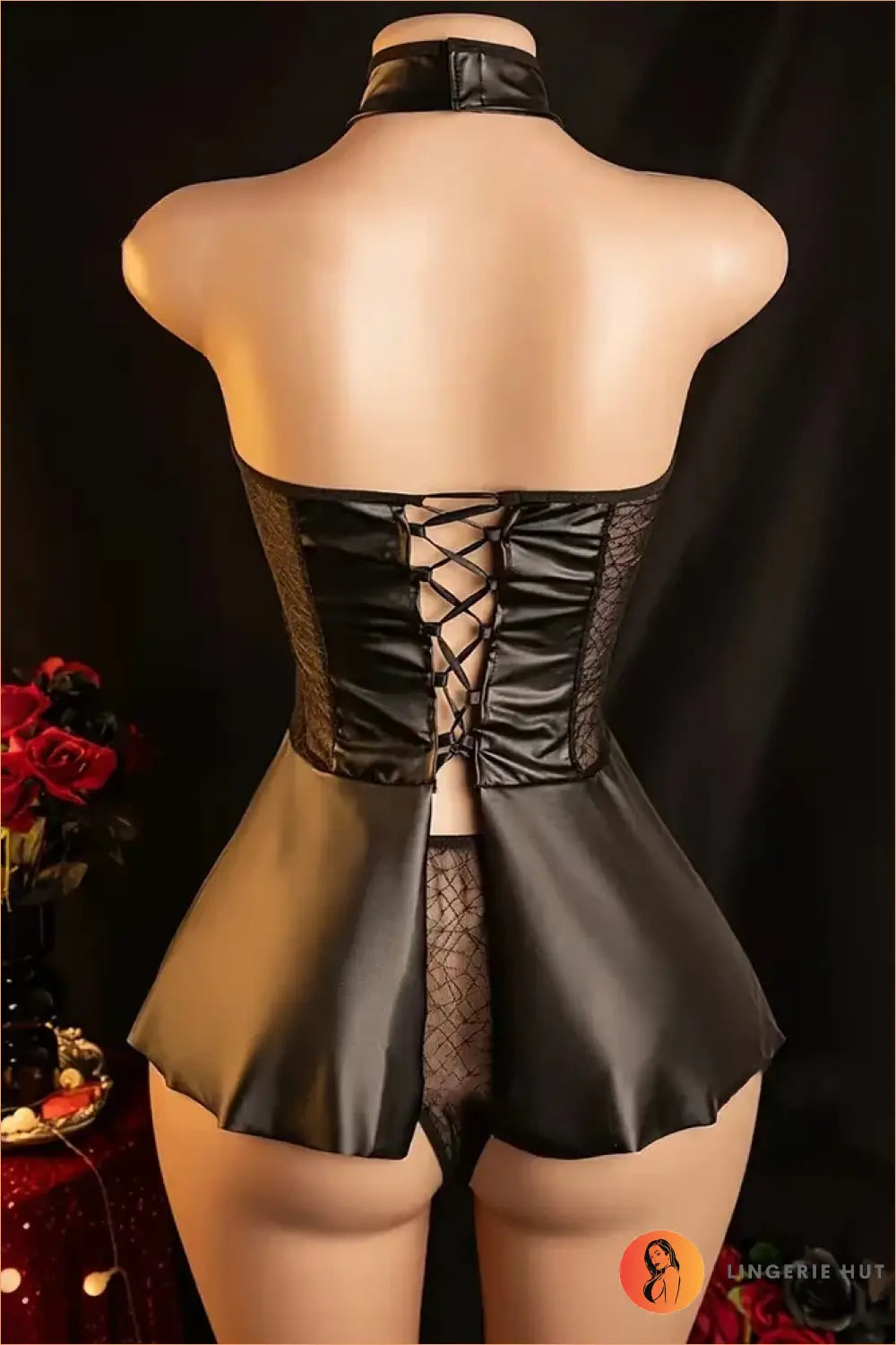Black Wet-Look Zip-Front Peplum Bodysuit