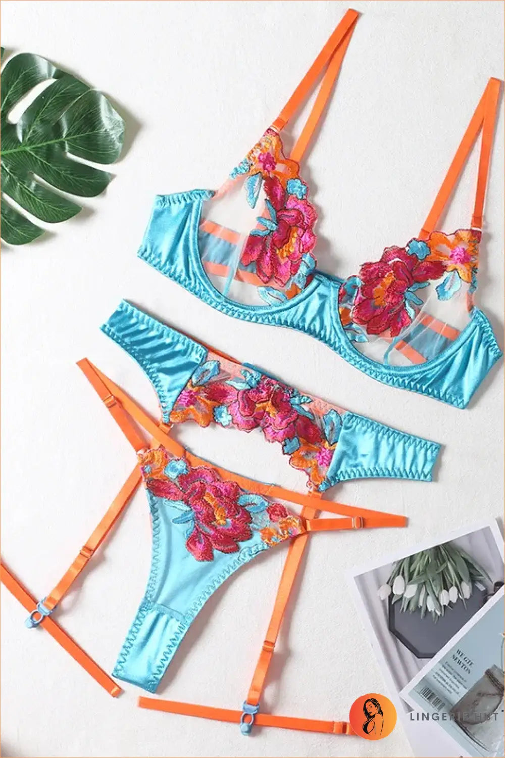 Embroidered Mesh Lingerie Set with Garter Belt - Private Luxury
