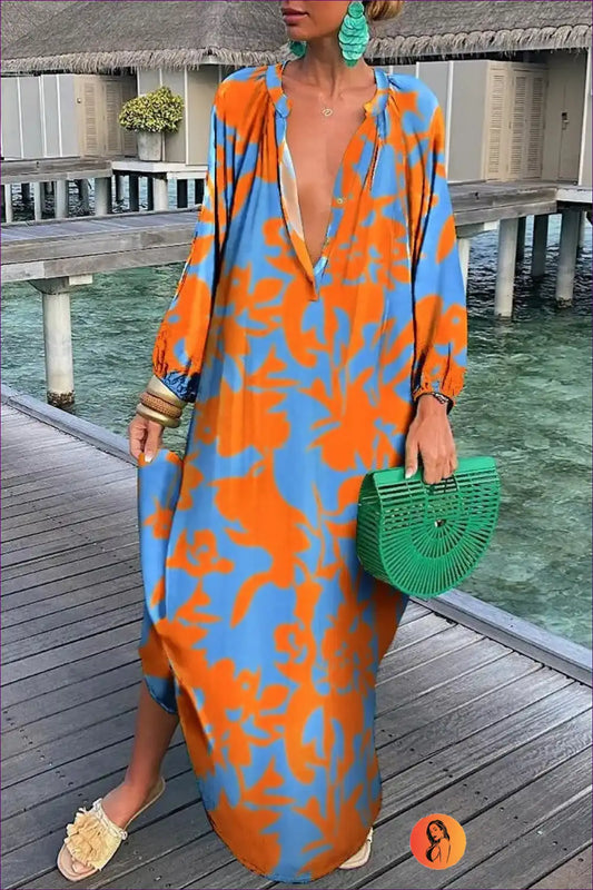 Abstract Swirl Kaftan Maxi Shirt Dress - Oversized v Neck for Beachwear, Boho, Casual, Cover Up, Dresses
