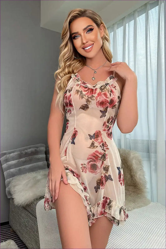 Ignite The Romance With Our Alluring V-neck Lace Babydoll. This Seasonless Stunner Features a V-neck, Printed