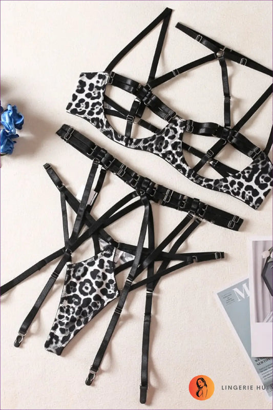 Animal Print Bra Set with Cutout Details - Bold but Wearable - Black Leopard / s - Lingerie - Hut - All Season • Boudoir