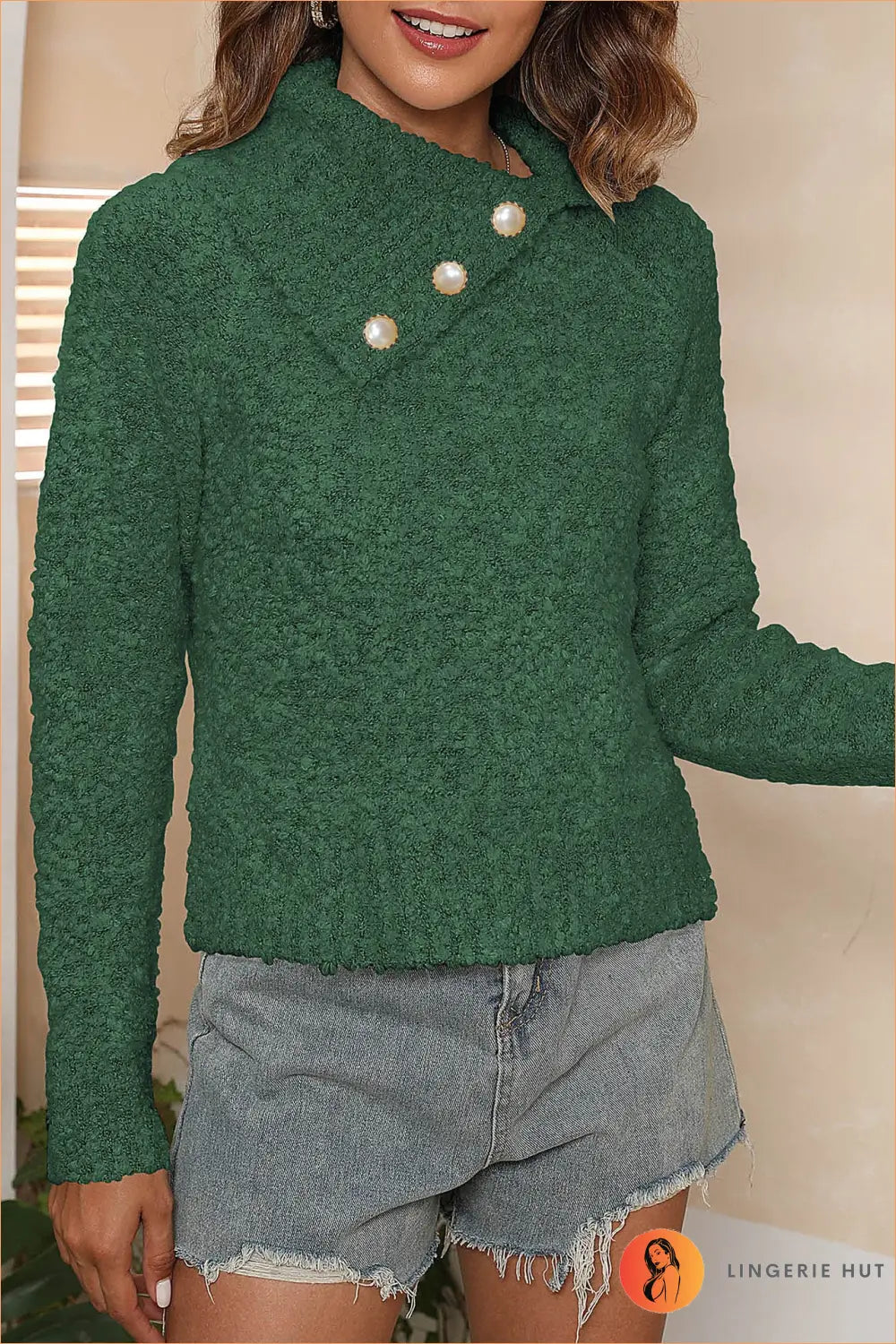 Button Front Textured Knit Top - s / Dark Green 4 Pearl Buckle - Autumn • Button Front • Casual • Clothing • Everyday