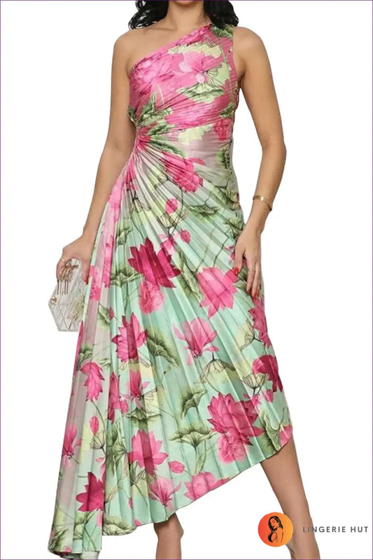 Asymmetric Maxi Dress with Pleats - Modern Resort Elegance for A-line, Cutout, Dress, Evening Wear, Floral