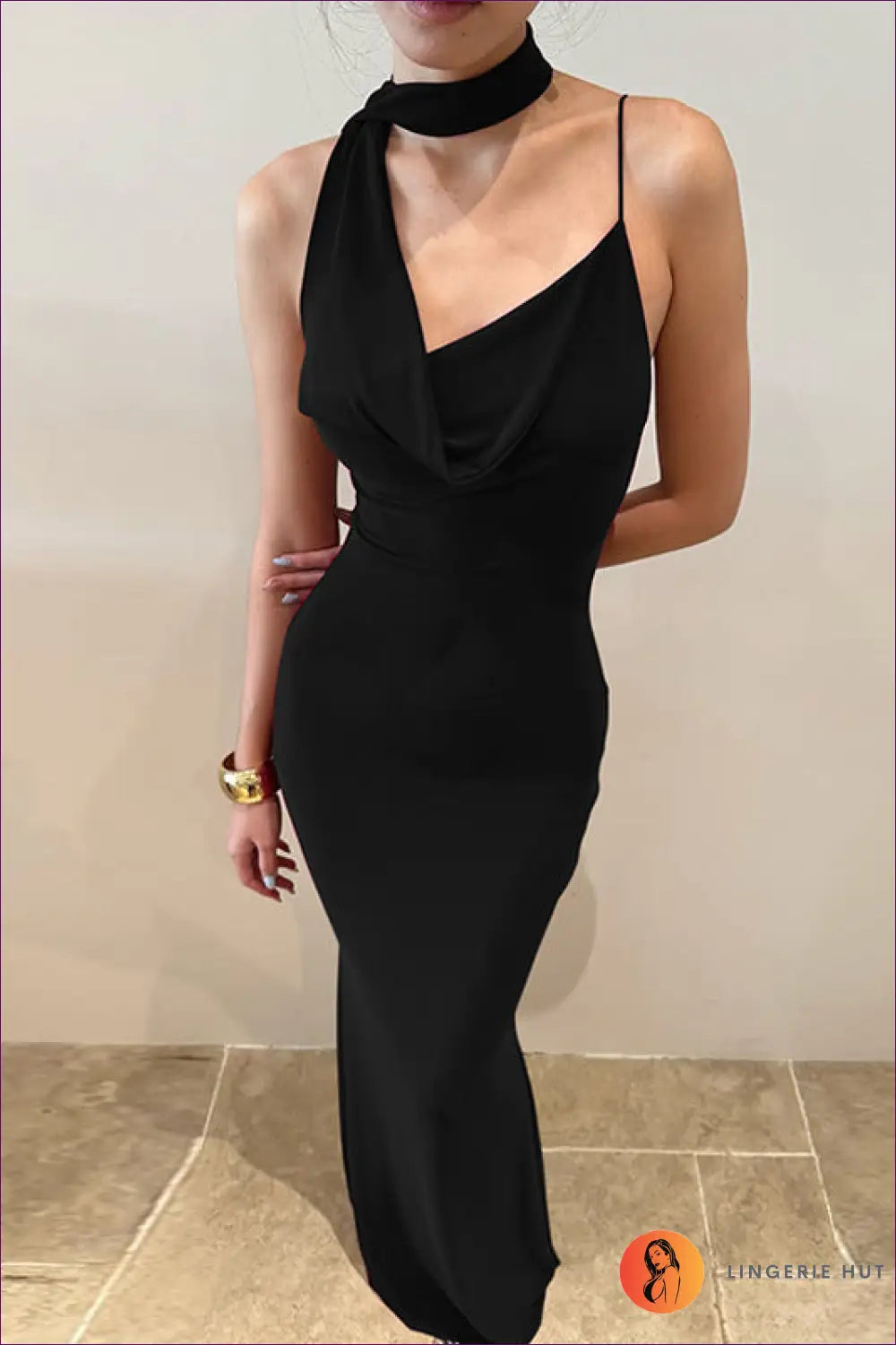 Asymmetric Midi Dress with Scarf Detail - Contemporary Edge - s / Black - Dresses - Autumn • Backless • Evening Wear