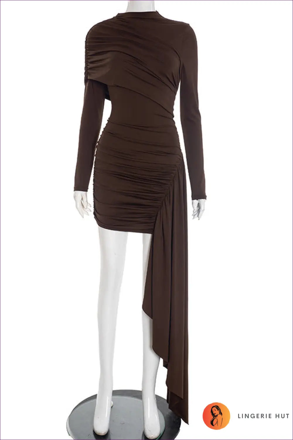 Asymmetric Ruched Mini Dress - Understated Glamour - s / Brown - Dresses - All Season • Asymmetric • Autumn • Evening