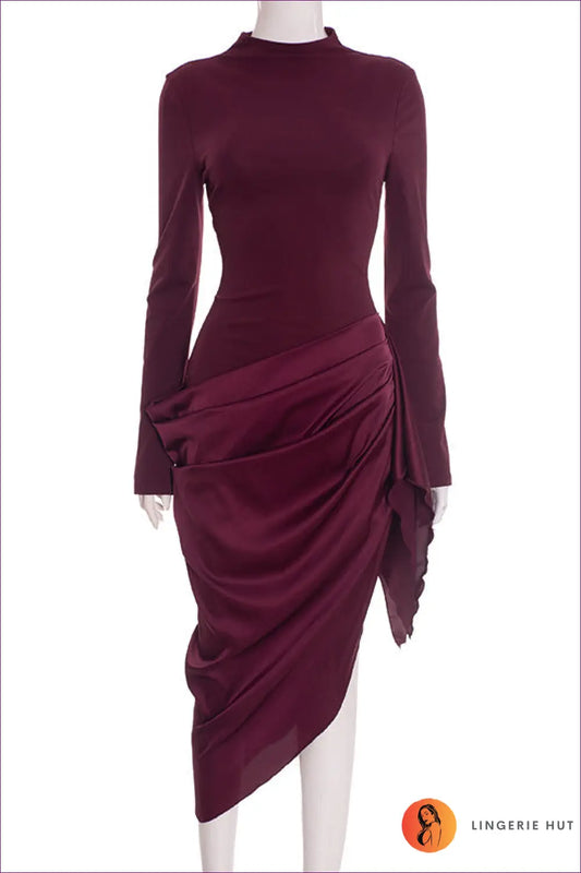 Asymmetric Ruched Midi Dress - s / Burgundy - Dresses - Asymmetric • Autumn • Evening Wear • Formal - Lingerie Hut
