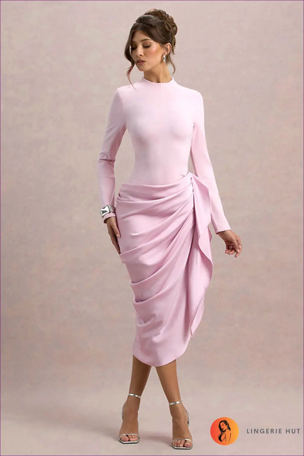 Asymmetric Ruched Midi Dress - s / Pink - Dresses - Asymmetric • Autumn • Evening Wear • Formal - Lingerie Hut