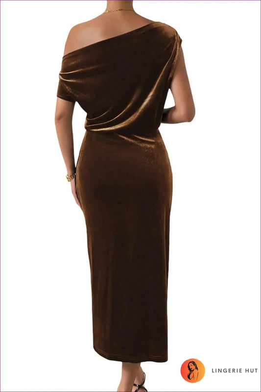 Asymmetric Velvet Mini Dress - Understated After-dark Glamour - s / Brown - Dresses - Lingerie Hut - Autumn • Bodycon