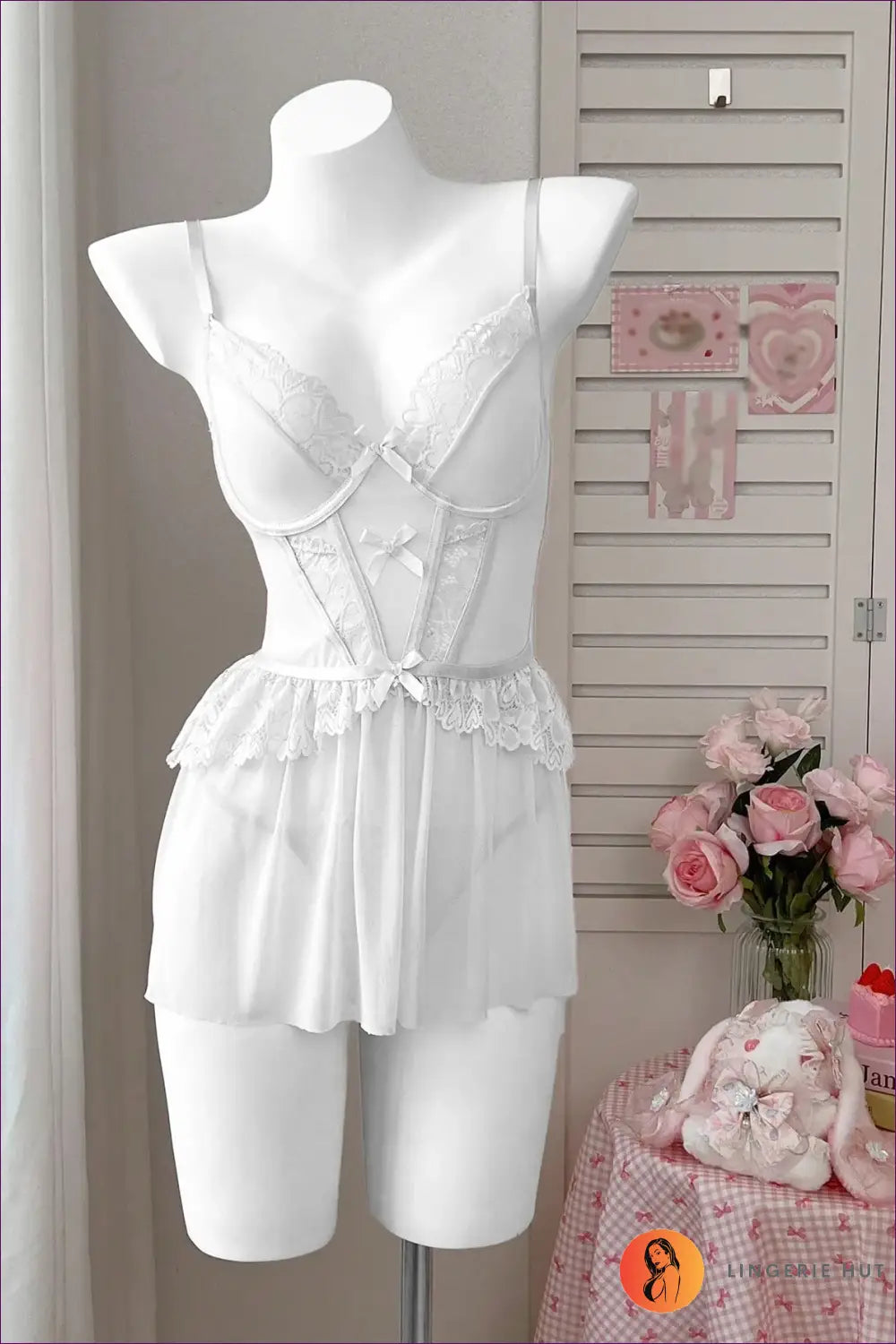 Babydoll Lingerie Set with Lace Trim and Bows - Soft Bedroom Romance - White / s - Hut - All Season • Boudoir • Bridal