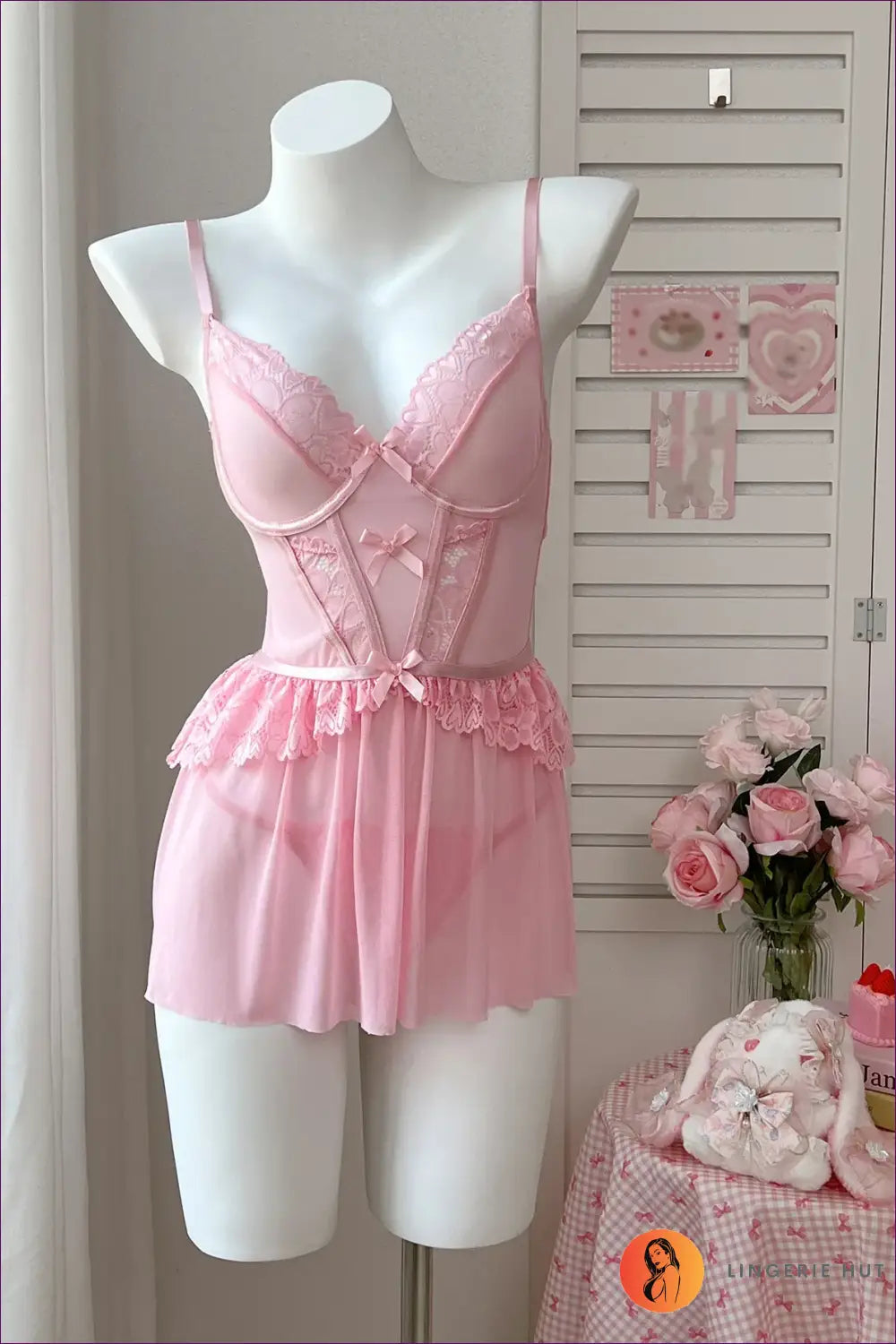 Babydoll Lingerie Set with Lace Trim and Bows - Soft Bedroom Romance - Pink / s - Hut - All Season • Boudoir • Bridal