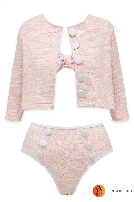 Bandeau Bikini with Button-trim High-waist Bottoms - Chic Poolside - s / Pink Split Suit - Swimwear - Beachwear • High