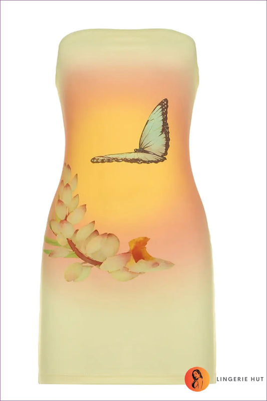 Butterfly Print Bandeau Mini Dress - Garden Party Ready - s / Yellow - Dresses - Lingerie Hut - Backless • Bodycon