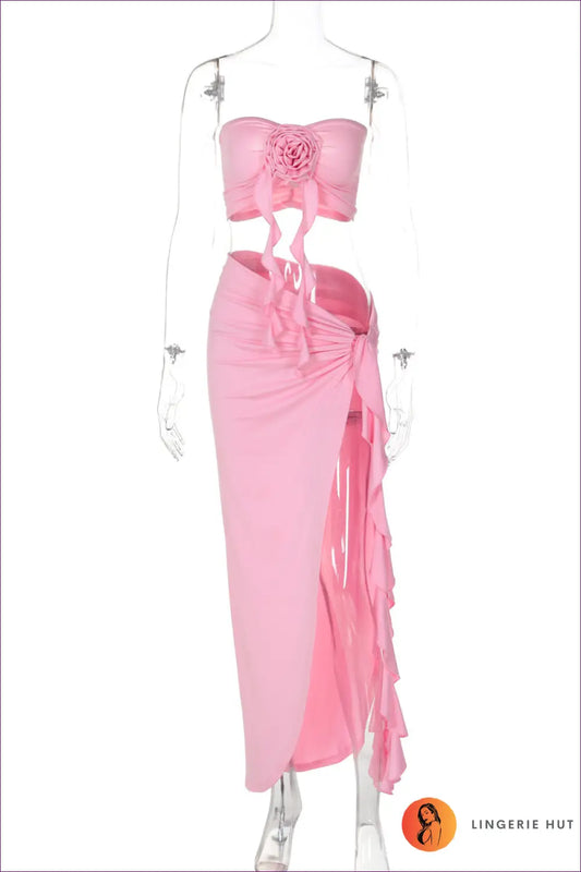 Bandeau Skirt Set with 3d Floral Detail - Resort Evening Energy - s / Pink - co Ord - Lingerie Hut - Crop • Cutout