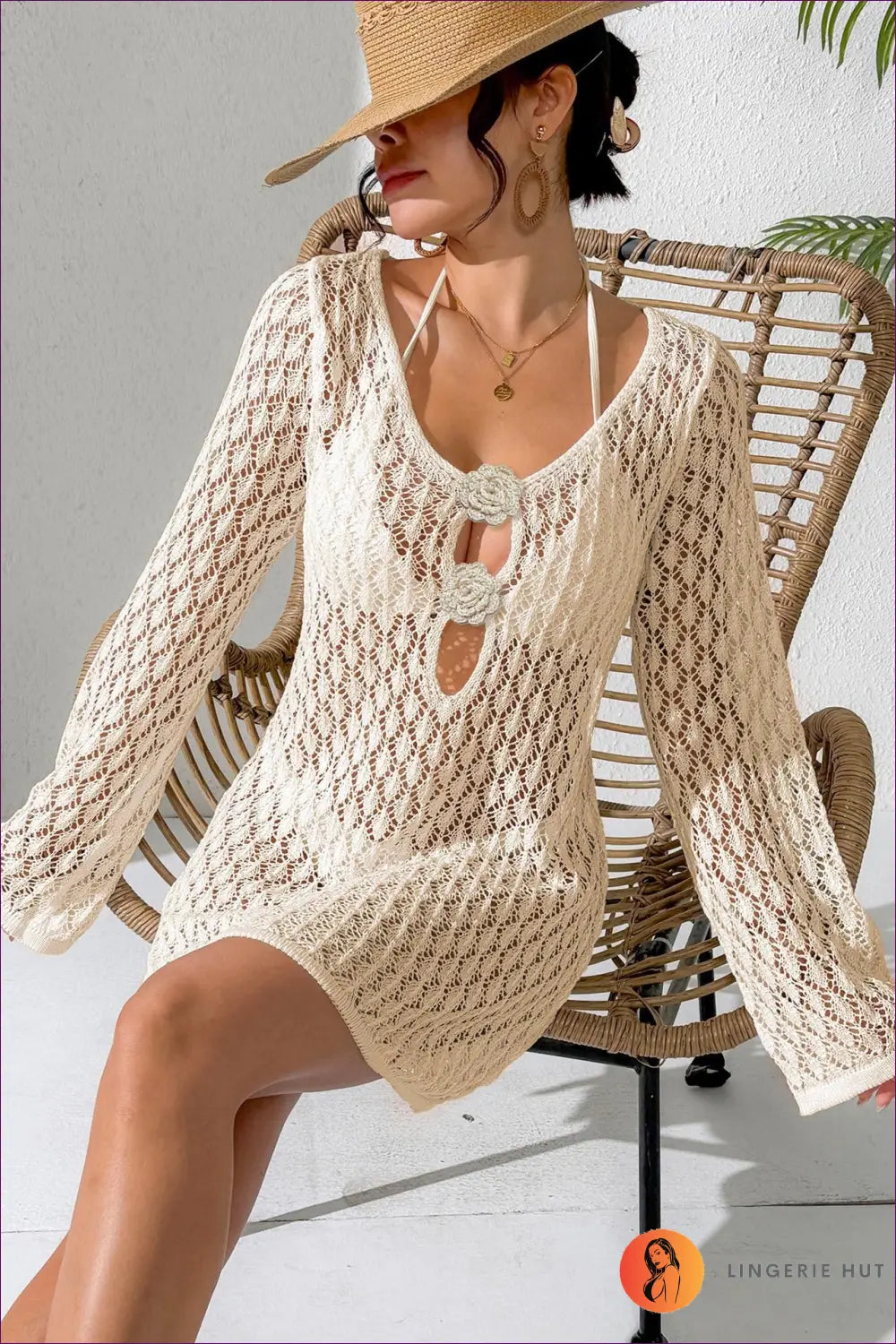 Beach Cover Up Dress with Crochet Cut-outs - Sunlit Getaway Mood - s / Apricot - Lingerie Hut - Beachwear • Boho