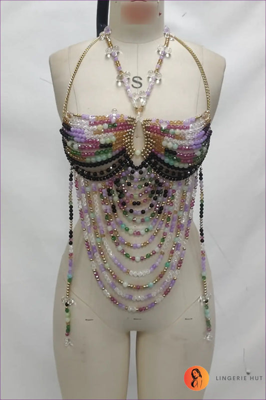 Beaded Chain co Ord Set - Statement Festival Glam - one Size / Colorful Coat - Bodysuit - Lingerie Hut - Crop • Cutout