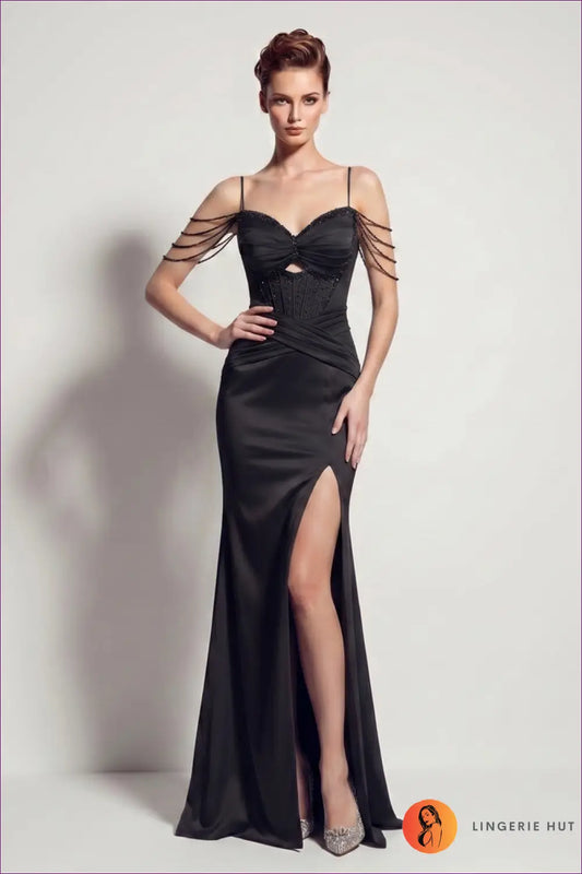 Beaded Corset Fishtail Maxi - Satin Slit Gown - s / Black - Dress - Bodycon • Cutout • Elegant - Yenyu