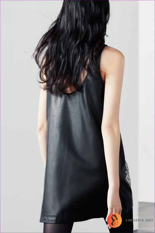 Beaded Faux Leather Mini Dress for Day-to-night Versatility A-line, Autumn, Clubwear, Date Night, Evening Wear