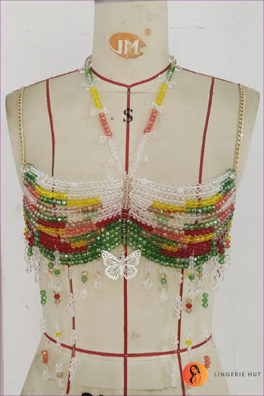 Beaded Halter Bra Top with Fringe - Festival Fantasy - one Size / Multi - Crop - Lingerie Hut - Backless • Boho