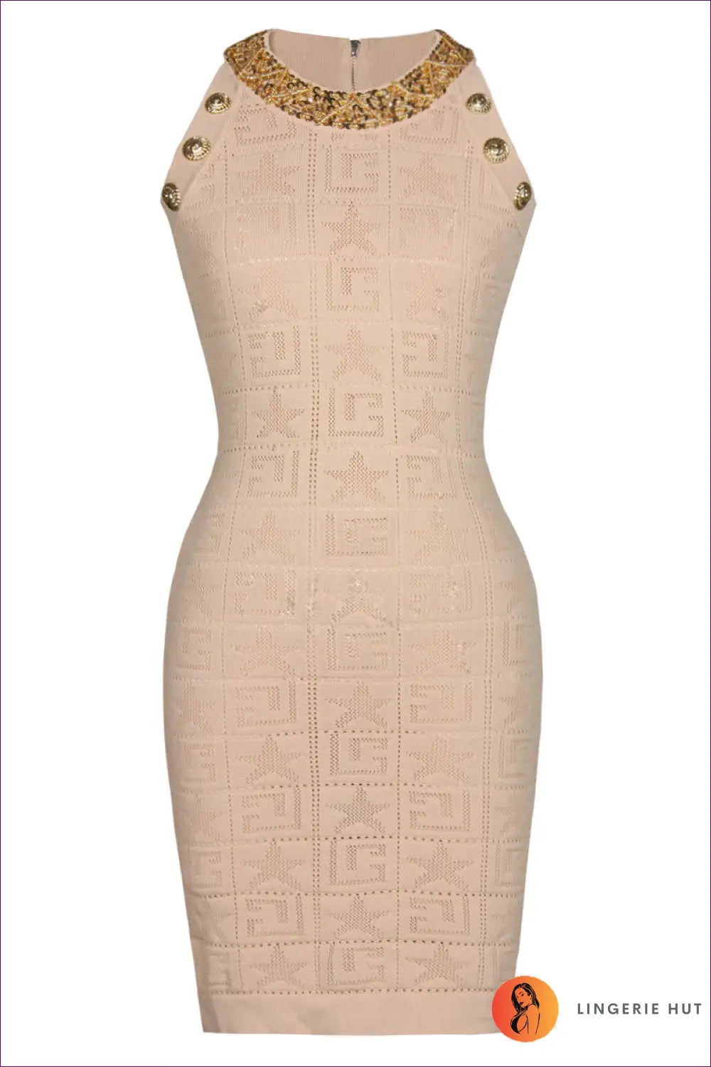 Beaded Knit Bodycon Dress with Embellished Neckline - Evening Chic - s / Khaki - Dresses - Lingerie Hut - All Season