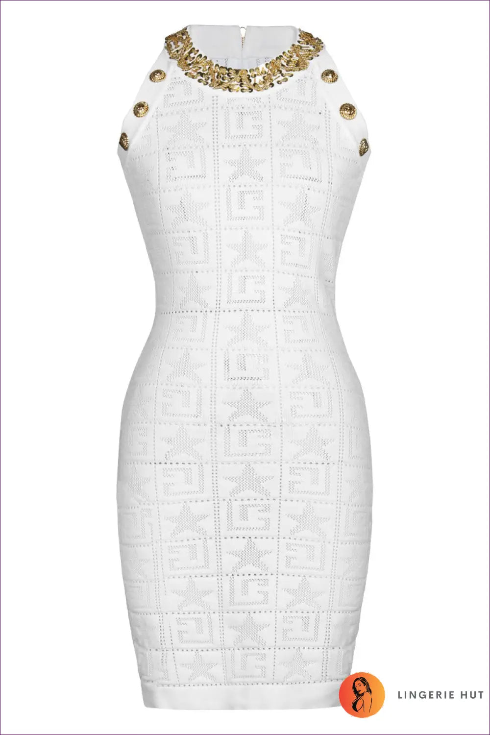 Beaded Knit Bodycon Dress with Embellished Neckline - Evening Chic - s / White - Dresses - Clothing • Clubwear • Date