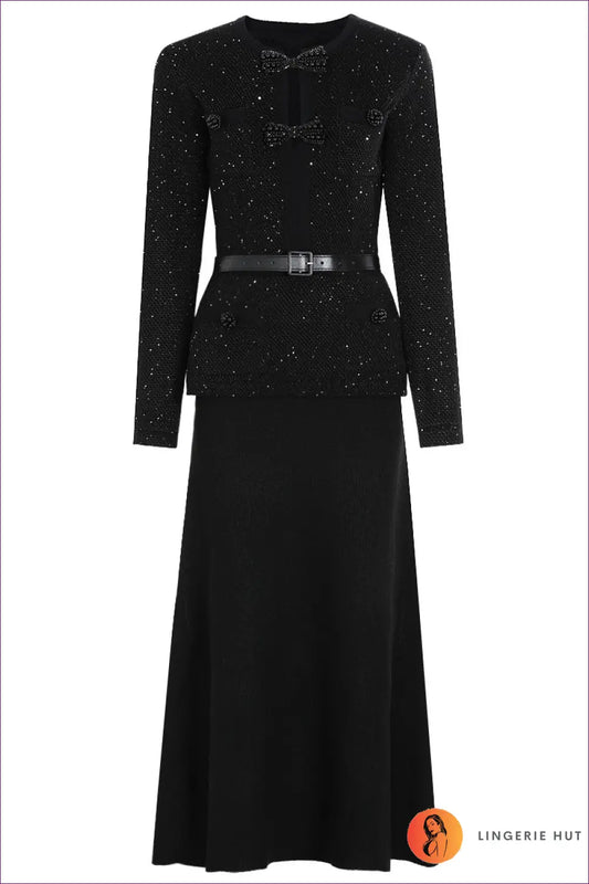 Beaded Knit Midi Dress with Belted Jacket - Elegant Occasion Set - s / Black - Dresses - Autumn • Belted • Casual