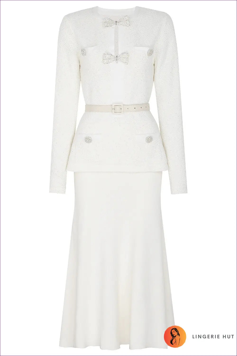 Beaded Knit Midi Dress with Belted Jacket - Elegant Occasion Set - s / White - Dresses - Autumn • Belted • Casual