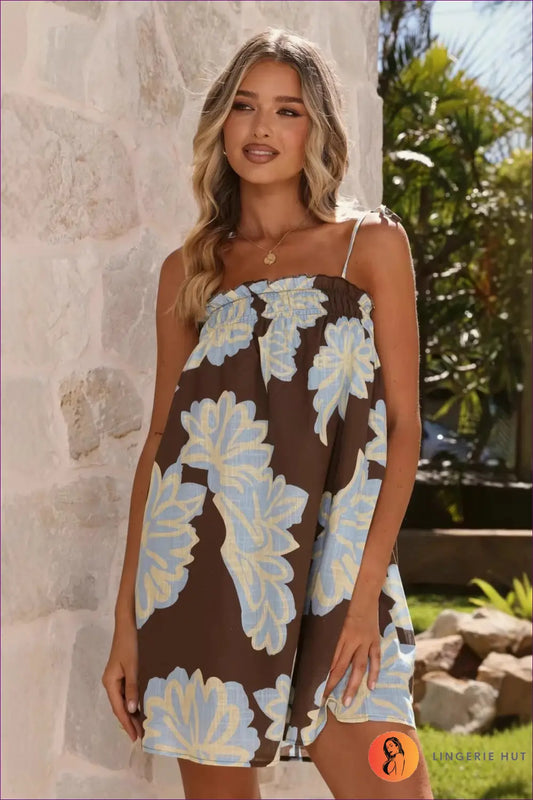 Beige Striped Knit Bodycon Mini Dress - Twist Bust - s / Coffee Background with Blue Pattern - Boho • Elegant