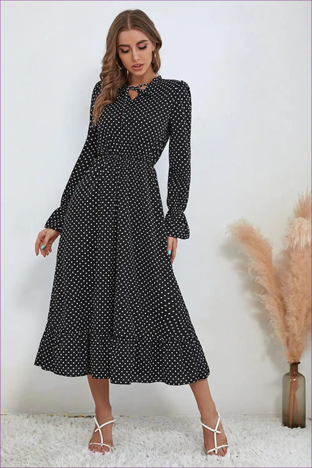 Bell Sleeve Polka Dot Maxi Dress for Everyday Elegance A-line, Autumn, Casual, Cotton,