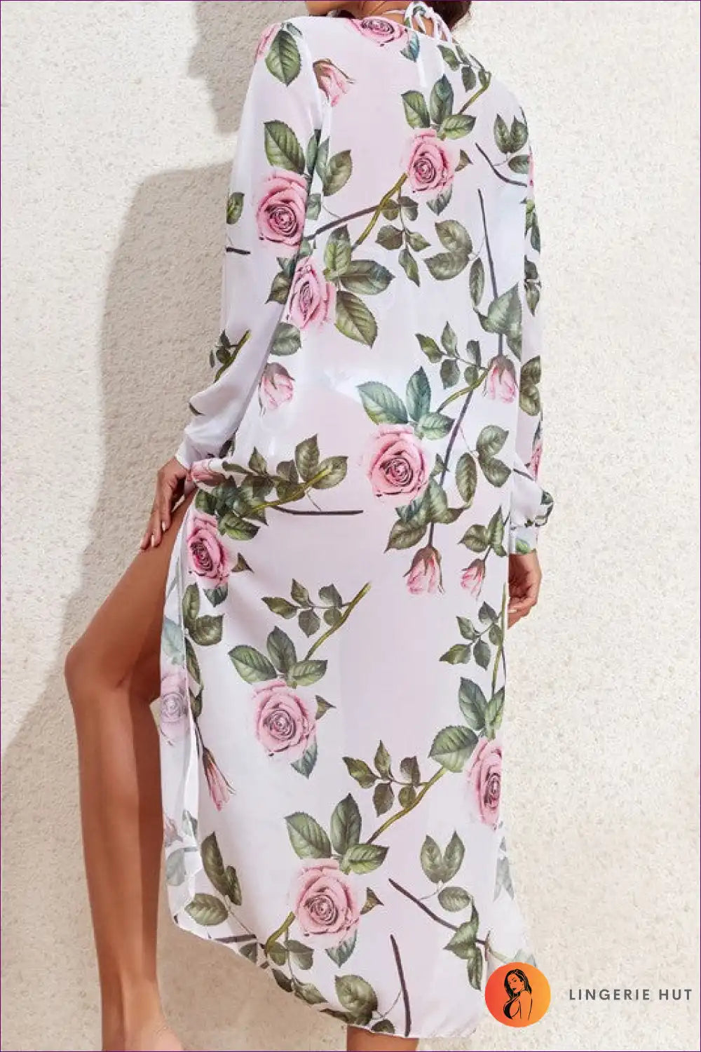 Bikini Set with Floral Kimono - Garden Party Vibes for Beachwear, Bikini, Boho, Casual, Chiffon