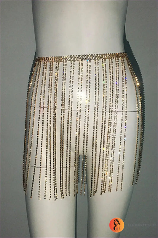 Bikini Set with Rhinestone Fringe - Night Glam - one Size / Golden Waist Chain Skirt - Beachwear • Embellished Bikinis