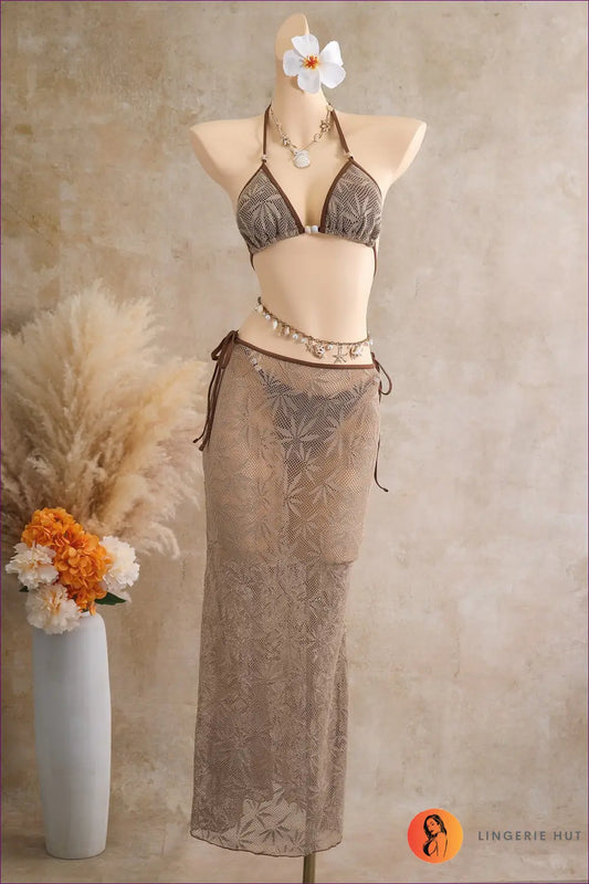 Bikini Set with Three-piece Detail - Coastal Styling - s / Coffee Color - Beachwear • Boho • Halter