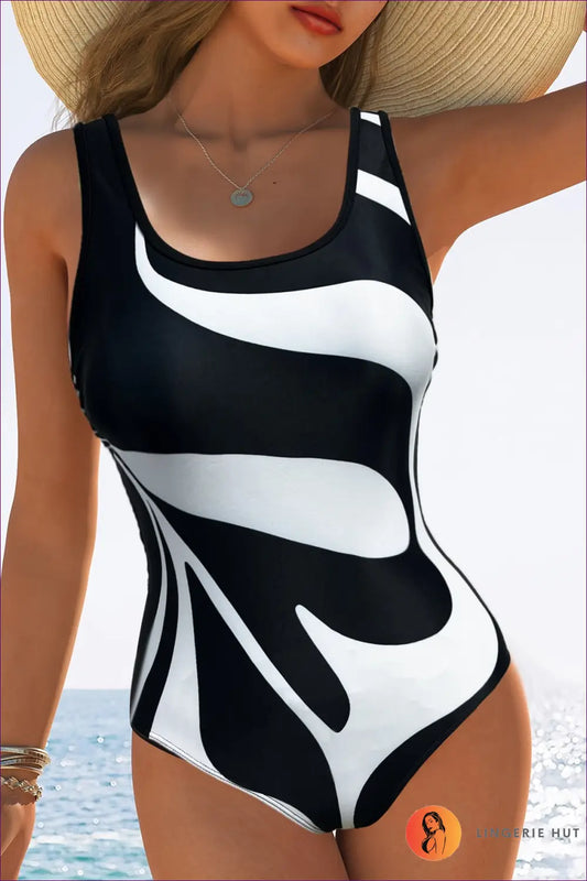 Black Swirl-print Scoop-neck Swimsuit with Wide Straps - Wave Motion - s / Swimwear - Beachwear • just in • Party