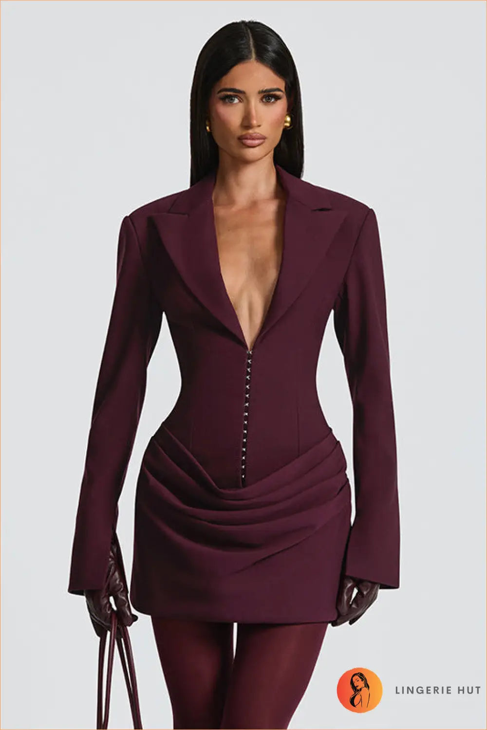 Blazer Mini Dress with Deep V-neck - Understated Glamour - s / Burgundy - Dresses - All Season • Bodycon • Evening Wear