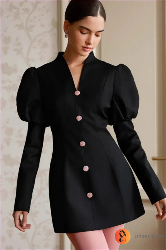 Blazer Mini Dress with Puff Sleeves - Effortless Impact - s / Black - Dresses - Lingerie Hut - All Season • Evening