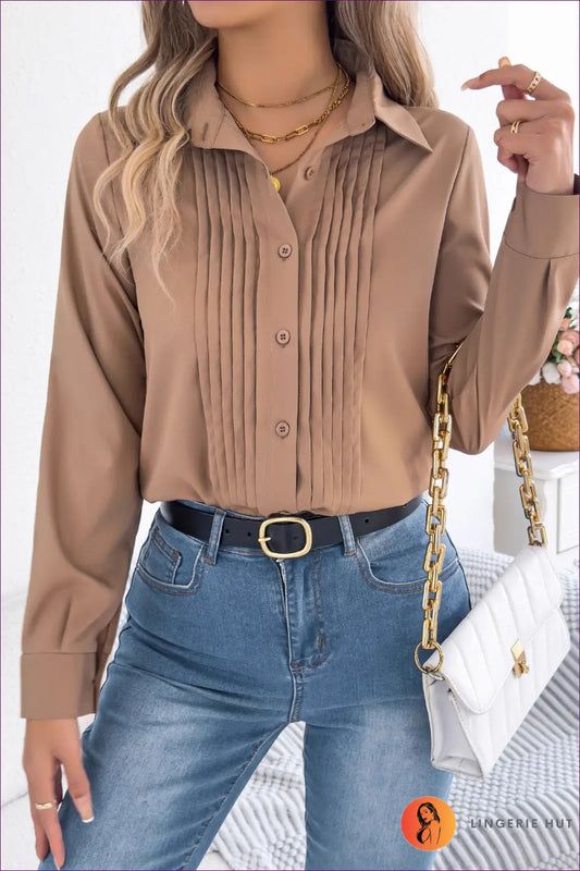 Pleated Front Blouse - Quiet Office Elegance - s / Khaki - Top - Lingerie Hut - Autumn • Casual • Everyday • Formal Wear
