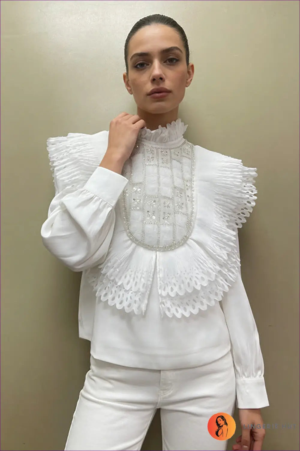 Blouse with Sequin Details - Victorian Romance - m / White - Top - Lingerie Hut - All Season • Cutout • Evening Wear