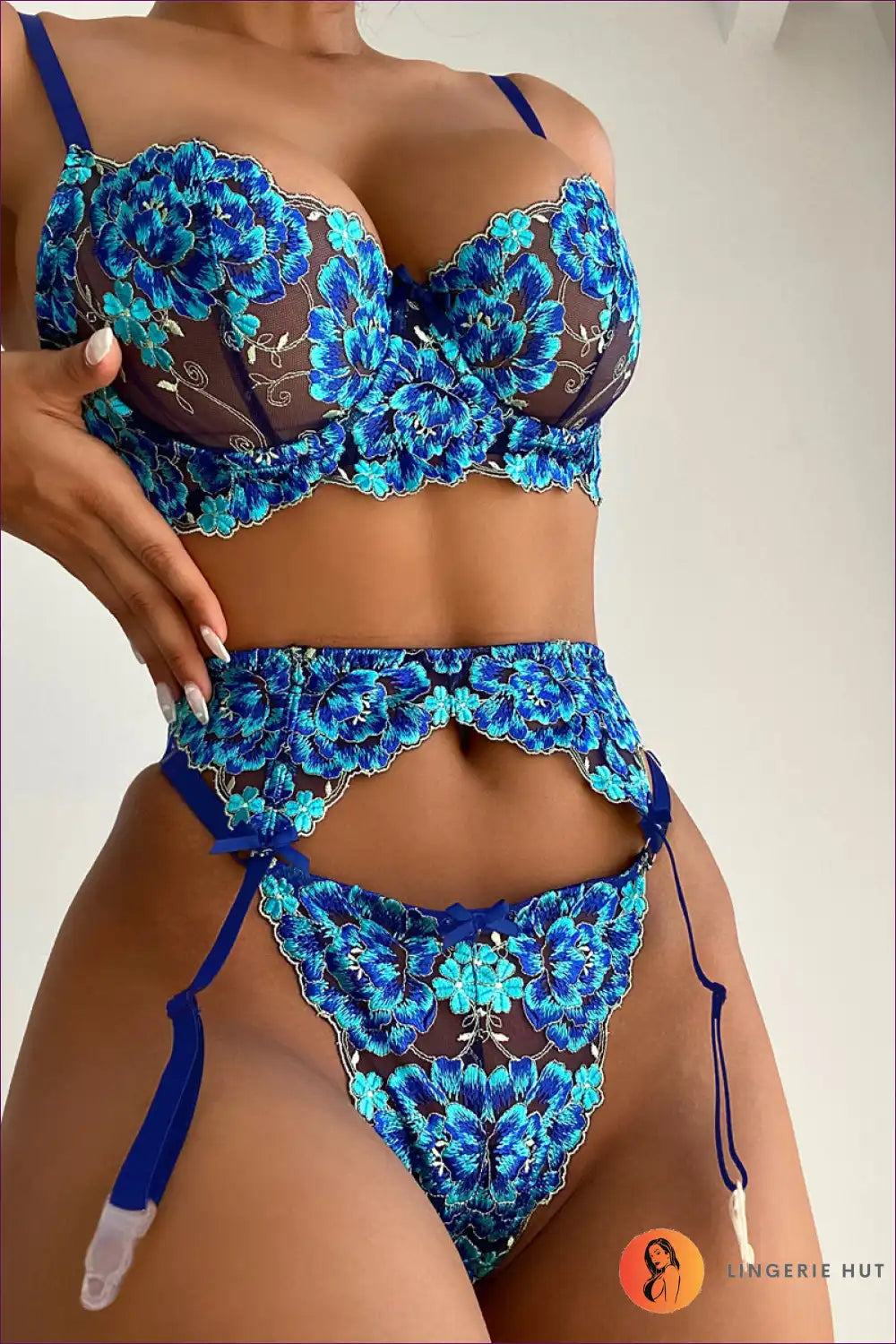 Indulge In The Artistry Of Lingerie Hut’s Blue Enchantment Embroidered Bra Set. a Three-piece Wonder, Where