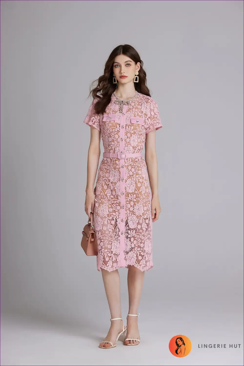 Blush Elegance Lace Midi Dress - Romantic Floral Cutout for Bodycon, Cutout, Date Night, Dress, Glamour