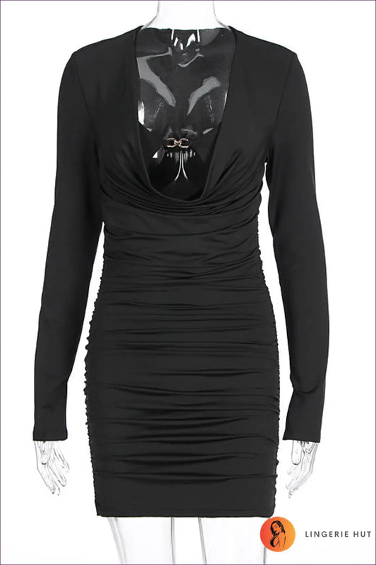 Bodycon Dress with Cowl Neck Ring Detail - Confident Evenings - s / Black - Dresses - Lingerie Hut - Clubwear • Cutout